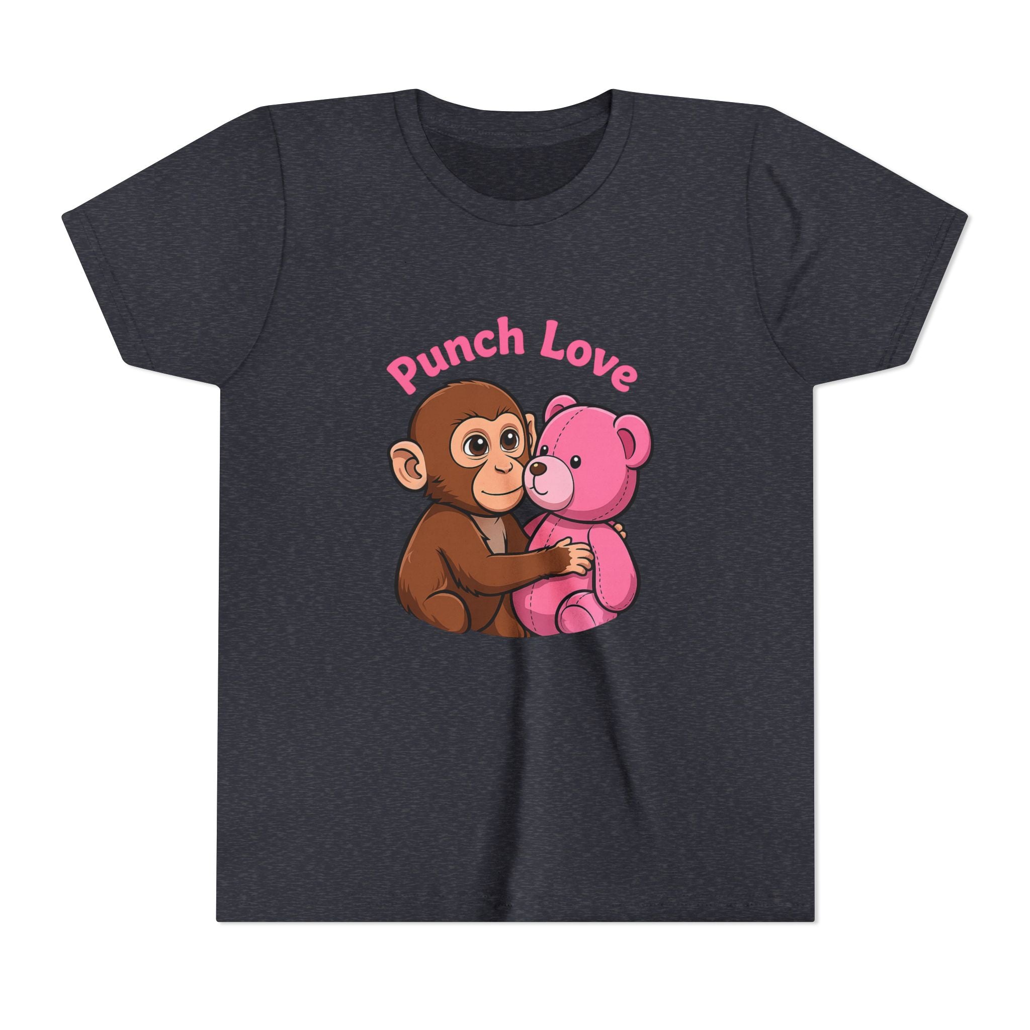 Youth Tee — "Punch Love" Monkey Hugging Pink Teddy Cute Kids Valentine Shirt