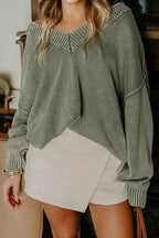 Four Leaf Clover Mineral Wash V Neck Knit Exposed Seam Drop Shoulder Loose Sweater