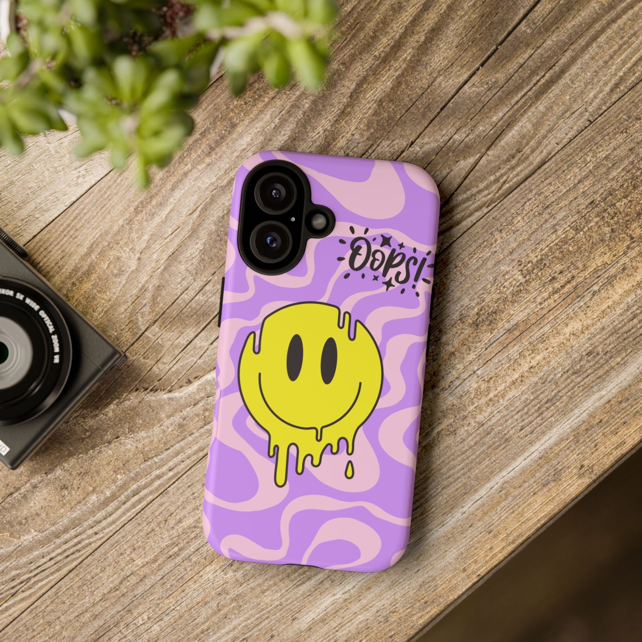 Phone Case Dripping Yellow Smiley on Purple Swirl "Oops!" Design