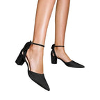 Coutgo Womens 8 Black 2.5" Chunky Heel Pointed Toe Ankle Strap Back Bow Shoes