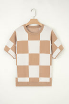 Black Checkered Pattern Loose Drop Shoulder Half Sleeve Sweater