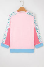 White Floral Colorblock Patchwork Notched Neck Long Sleeve Top