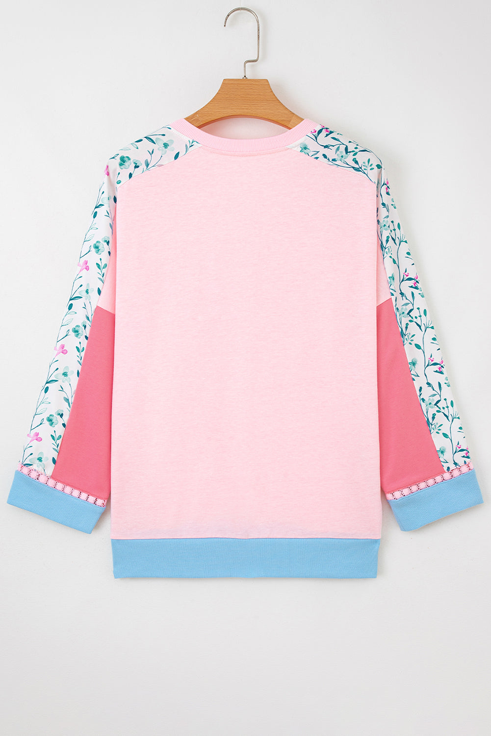 White Floral Colorblock Patchwork Notched Neck Long Sleeve Top