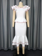 Women's Ruffled Contrast Color Top Temperament Slim Fishtail Skirt Suit