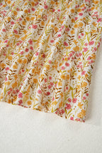 Yellow Floral Print Frilly Trim Smocked Cuff Long Sleeve Loose Shirt Dress