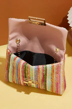 Camel Woven Striped Flapped Single Shoulder Bag