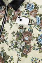 Khaki Floral Print Zip Up Contrast Collared Jacket