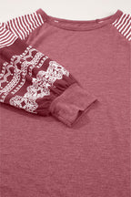 Tillandsia Purple Contrast Print Striped Raglan Long Sleeve Loose Top