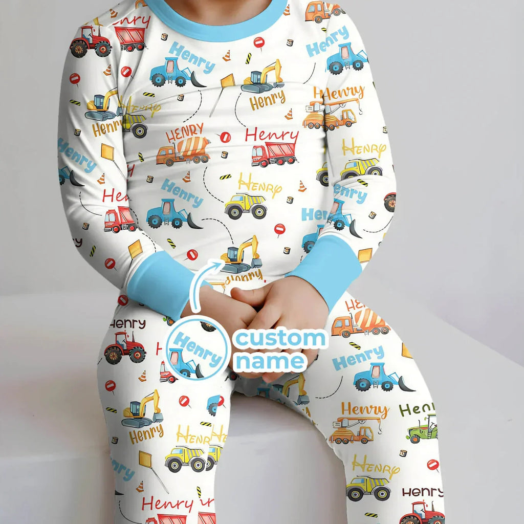 Construction Vehicles Custom Name Bamboo Two Piece Long Sleeve Pajama Set