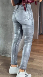Womens Gold- And Silver-Stamping Stretch Skinny Jeans