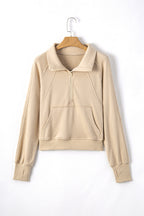 Smoke Green Quarter Zip Stand Neck Kangaroo Pocket Sweatshirt