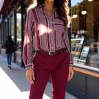 Elegant Sophisticated Striped Patchwork Print Blouse With Long Sleeves For Workwear