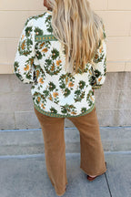 Green Plus Size Floral Printed Contrast Patchwork Detail Tassel Tie 3/4 Sleeve Blouse