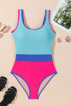 Rose Red Textured Colorblock One Piece Swimsuit