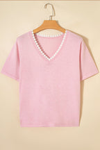 Strawberry Pink Lacy V Neckline Short Sleeve Sweater