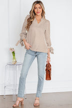 Straw Yellow Striped Print Tied Cuffs Split Neck Seersucker Blouse