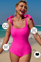 Dearlovers Rose Red Square Neck Knotted Shoulder Open Back One Piece Swimsuit