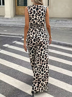 Sleeveless V-Neck Leopard Print Wide Leg Jumpsuit