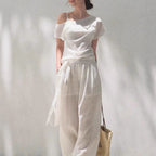 Linen Off-Shoulder Asymmetric Casual Set – 2 Colors, S–L