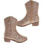 New Josmo Big Girls 4 Rose Gold Glitter Mid Calf 1.5" Heel Zip Cowboy Boot Shoes