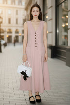 Women's V-Neck Sleeveless Button-Up Pencil Dress
