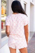Pink Bowknot Print Lettuce Trim Two Piece Pajama Set