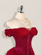 One-Shoulder Dress with a Fitted Waist And Back Tie, Features Puff Sleeves And a Stylish, Elegant Cake Skirt