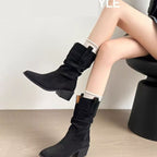 Autumn Western Pleated Short Cowhide Leather Boots for Women