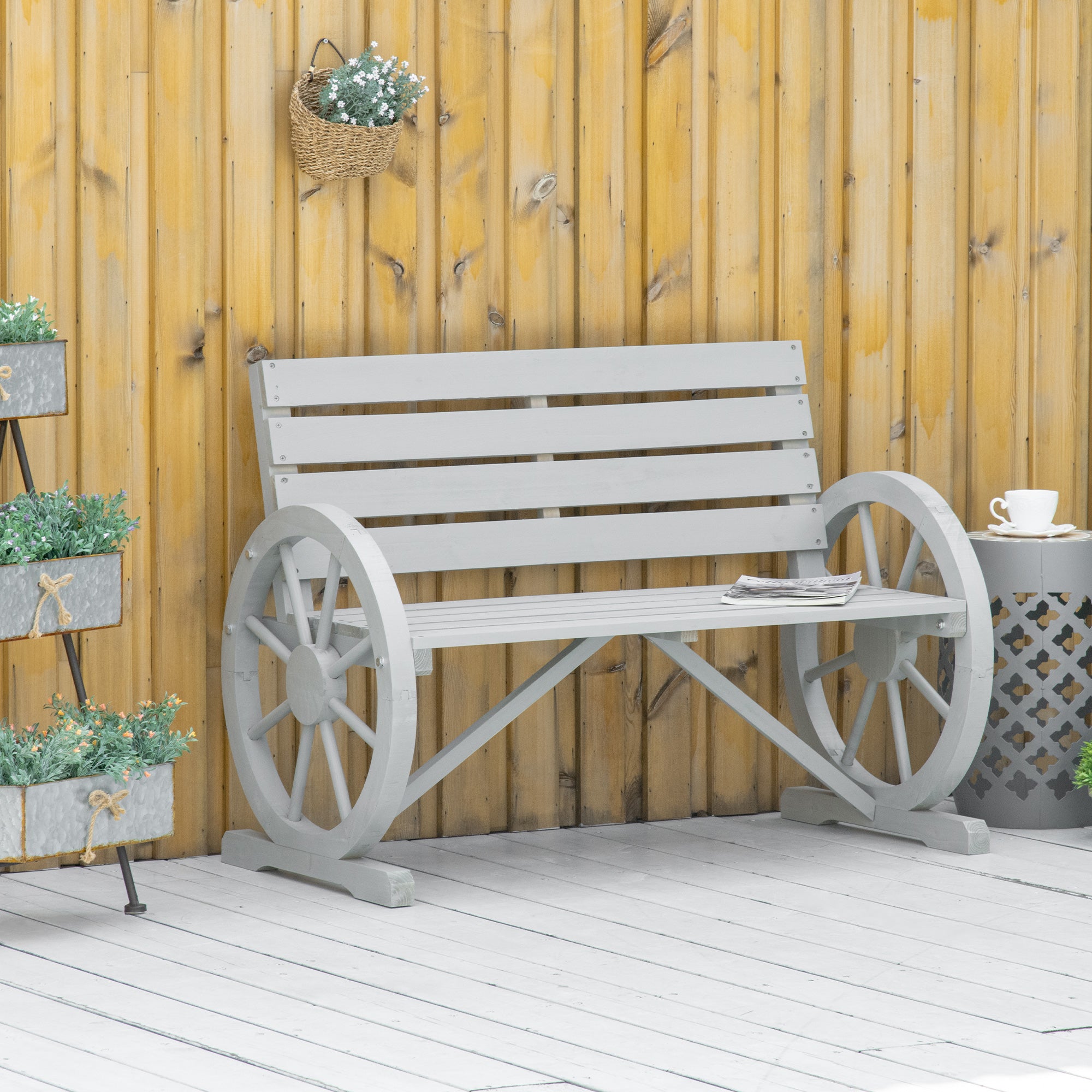 41" Wooden Wagon Wheel Bench Rustic Outdoor Patio Weather Resistance Furniture 2-Person Slatted Seat Bench with Backrest Light Gray