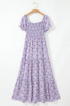 Purple Floral Short Bubble Sleeve Smocked High Waist Maxi Dress