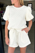 White Solid Color Checkered Texture Short 2pcs Outfit