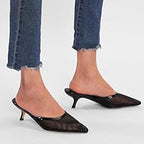 Riekhany Womens Size 10 Black Mesh Pointy Toe 2" Kitten Heel Mule Slide On Shoes