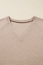 Oatmeal V Neck Contrast Lace Patchwork Long Sleeve Top