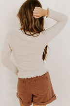 Black Lace Neckline Button Decor Lettuce Edge Long Sleeve Ribbed Top