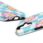 Phone Case Retro Checkerboard with Pink & Orange Daisies (Impact-Resistant)