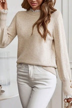 Racing Red Lace Trim Patchwork Buttoned Cuffs Loose Sweater