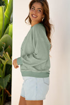 Smoke Green Raw Edge Flower Patch Drop Shoulder Casual Top
