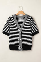 Green Stripe Short Sleeve Knit V Neck Bow Knot Sweater