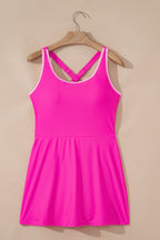Rose Red Contrast Trim Neckline Active Shorts Attached One Piece Swim Dress