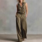 Women’s Linen Blend Two-Piece Set – Sleeveless Shirt & Wide-Leg Pants