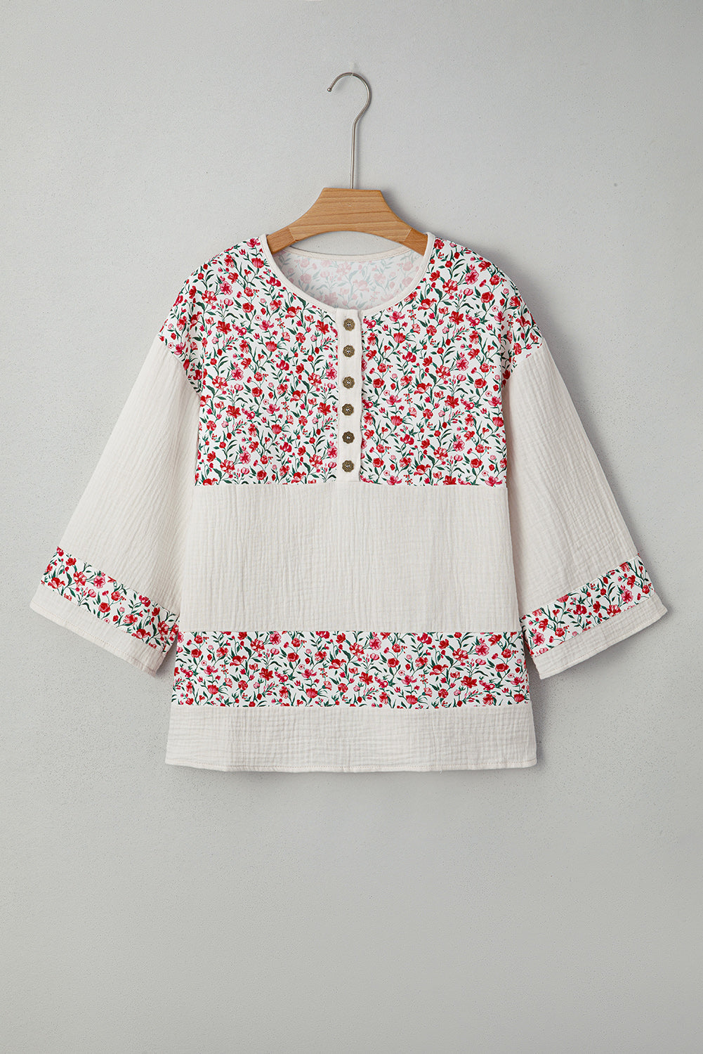 Red Floral Print Gauze Patchwork Henley Button 3/4 Sleeve Blouse