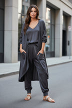 Women’s V-Neck Long Sleeve Solid Color Loose Jumpsuit With Two Side Pockets