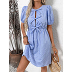 Women’s Striped Tie-Front Puff Sleeve Mini Dress
