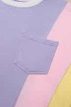 Purple Color Block Patchwork Half Sleeve Oversized T Shirt