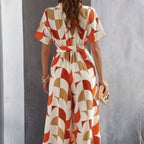Women's Geometric Print Lace-Up Shirt Jumpsuit – Wide-Leg High-Waist Boho