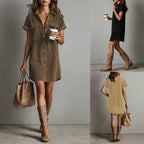 Women’s Retro Casual Corduroy Short Sleeve Shirt Dress
