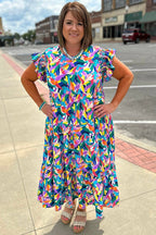 Blue Abstract Print Ruffle Sleeve Plus Size Tiered Maxi Dress