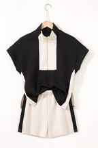 Black Contrast Zipped Stand Collared T Shirt and Short Set