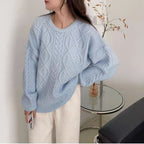 Thickened Relaxed-fit Cable-knit Crew-neck Sweater That Flatters Your