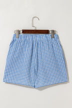 blue Red Plaid Gingham Printed High Waist Shorts